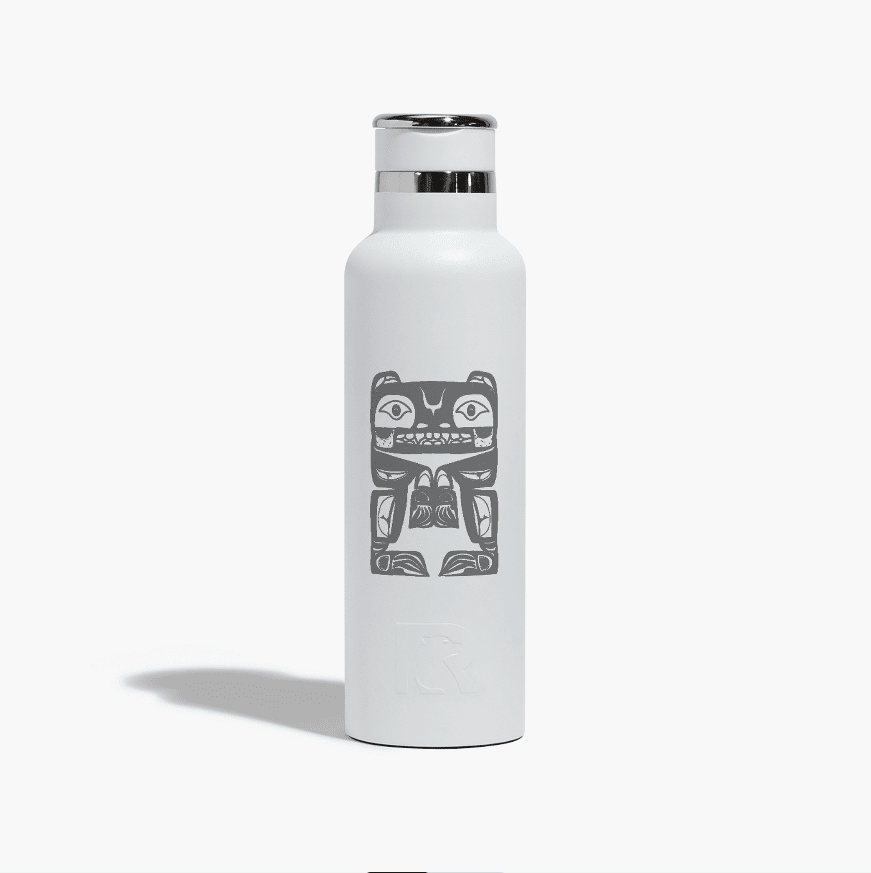 ceramic-waterbottle-bear-white White 25oz ceramic-lined water bottle featuring Wet'suwet'en bear design by artist Charrine Lace, Xplore Smithers
