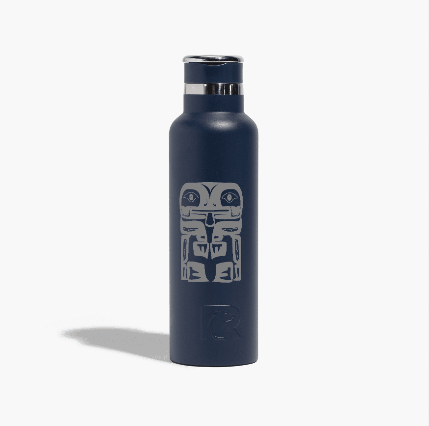 ceramic-waterbottle-frog-navy-blue Navy Blue 25oz ceramic-lined water bottle featuring Wet'suwet'en frog design by artist Charrine Lace, Xplore Smithers