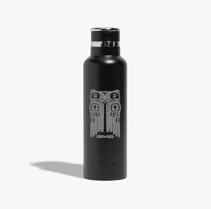 ceramic-waterbottle-eagle-black Black 25oz ceramic-lined water bottle featuring Wet'suwet'en eagle design by artist Charrine Lace, Xplore Smithers